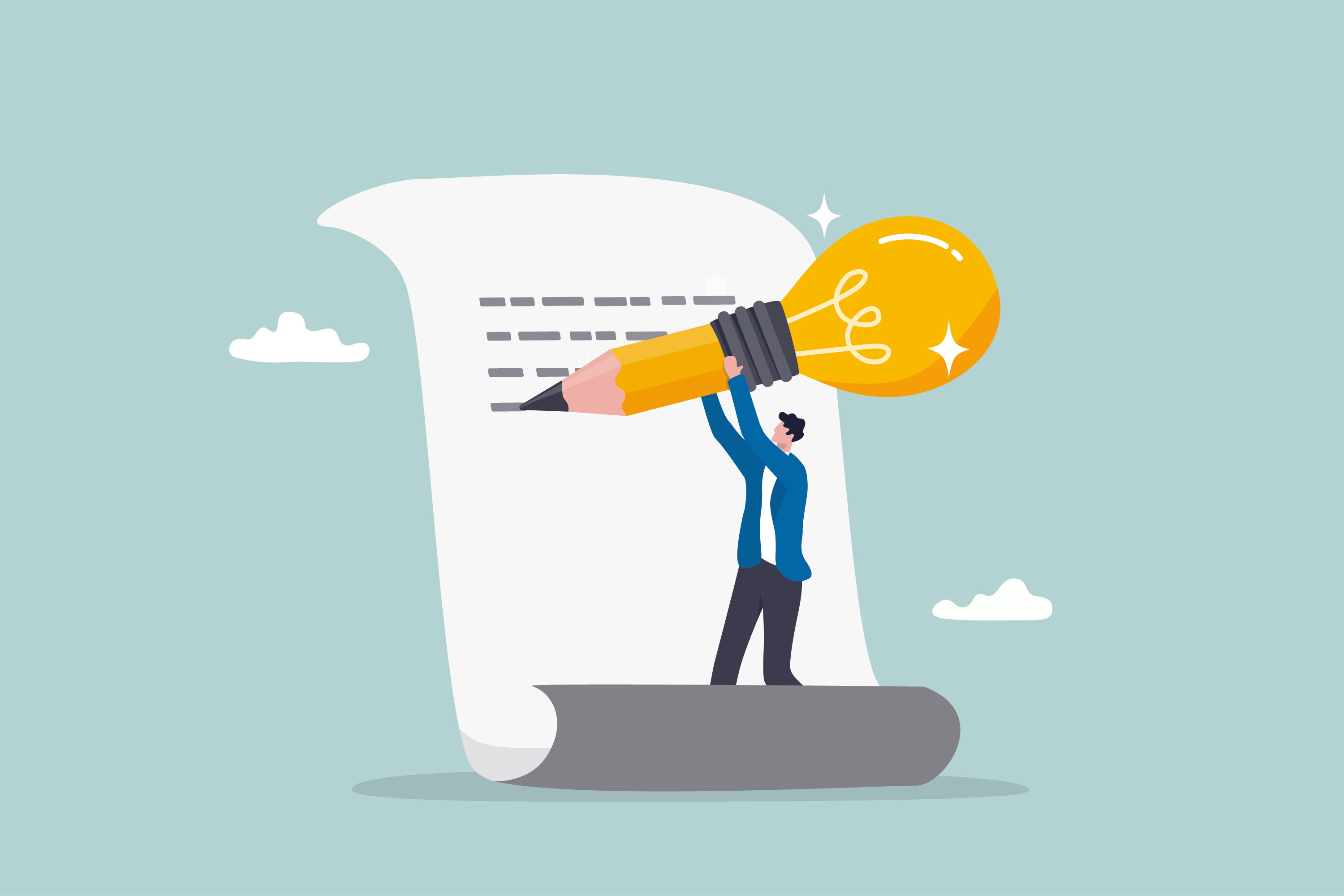 Illustration of person writing with a light bulb pencil
